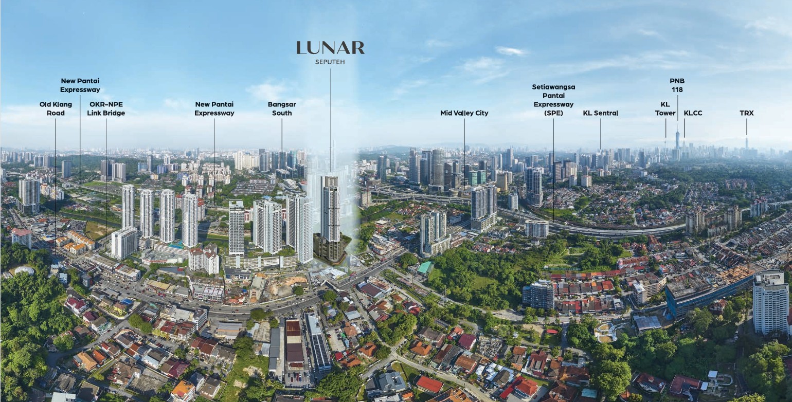 Aerial skyline panorama showing LUNAR Seputeh's location relative to Old Klang Road, Bangsar South, Mid Valley City, KL Sentral, KLCC, PNB 118, KL Tower and TRX