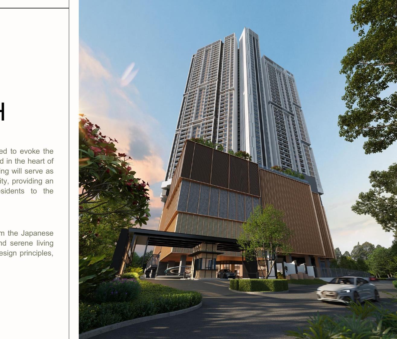 LUNAR Seputeh residential tower exterior render at dusk, surrounded by mature trees, showing the gold-accented entrance porte-cochere