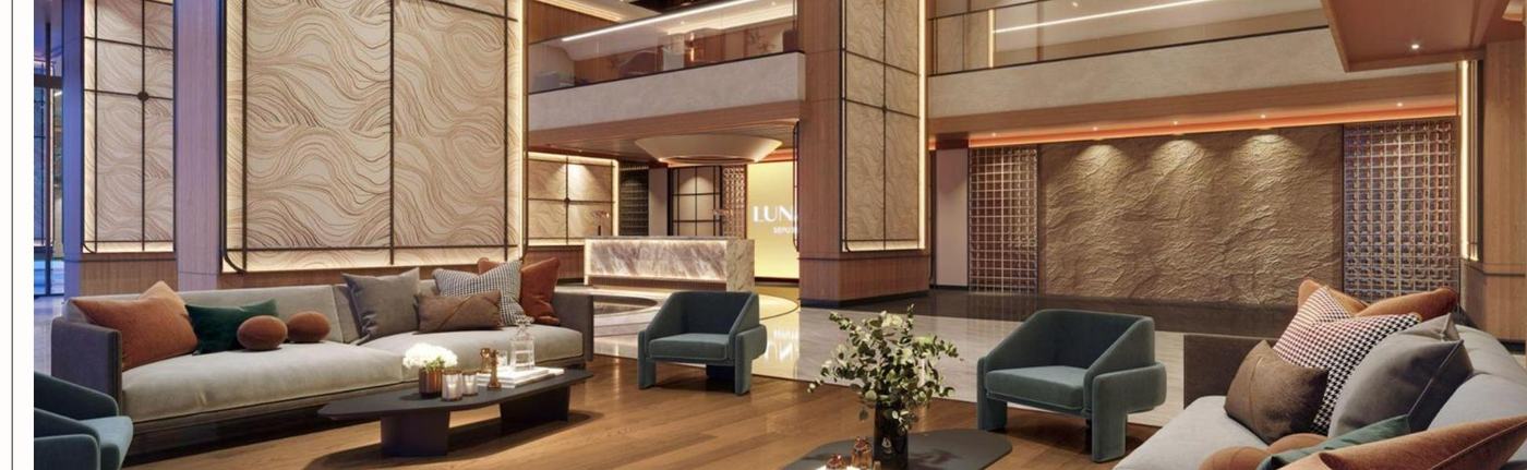 LUNAR grand lobby interior with warm timber panelling, lunar-inspired circular lighting motif and lounge seating