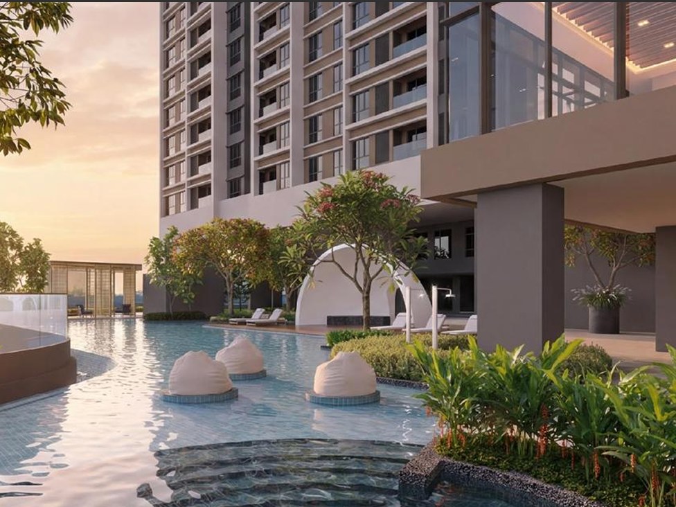 LUNAR entrance landscape design at golden hour with timber canopy porte-cochere and reflective water feature