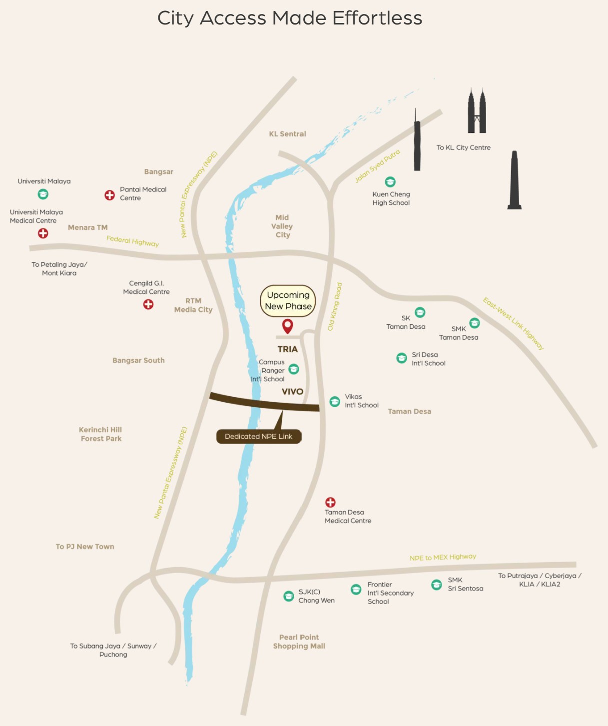 Location map of LUNAR Residences 9 Seputeh showing NPE link, KL city centre, Mid Valley, schools and hospitals nearby